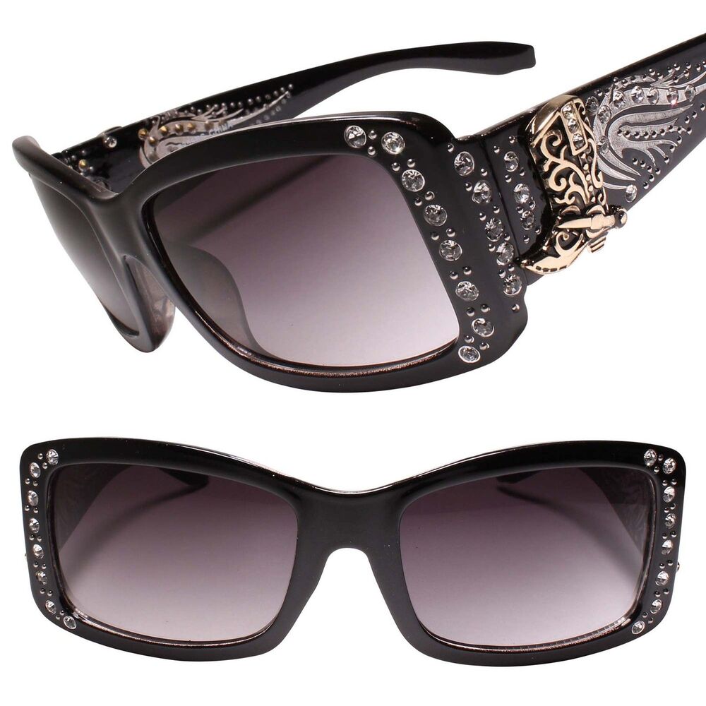 Gorgeous Cowgirl Boot Emblem Bling Rhinestone Womens Black & Gold Sunglasses